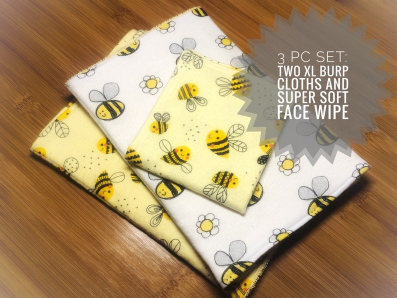 Happy Bees 3pc burp cloth set Extra large 100/% cotton flannelterry cloth burp rags /& super soft flannel face wipe Perfect Baby Shower Gift!