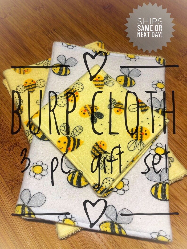 Happy Bees 3pc burp cloth set Extra large 100/% cotton flannelterry cloth burp rags /& super soft flannel face wipe Perfect Baby Shower Gift!