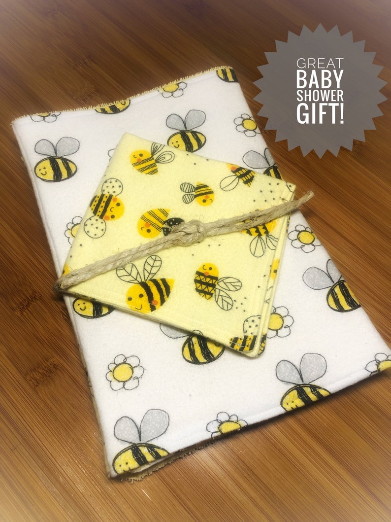 Happy Bees 3pc burp cloth set Extra large 100/% cotton flannelterry cloth burp rags /& super soft flannel face wipe Perfect Baby Shower Gift!