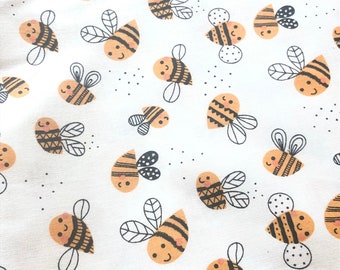 Happy Bees on White Pattern - Cotton Quilting Fabric - Choose 1/2 yard or by the yard
