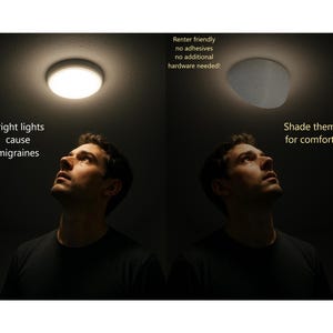 May include: Image shows a man looking up at a bright ceiling light, with text stating "Bright lights cause migraines." The image is split, with the right side showing a light shade and text "Shade them for comfort."