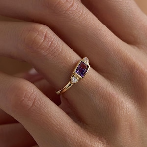 10K 14K 18K Gold Amethyst Diamond Ring | Purple Gemstone Ring | Dainty Solid Gold Ring | February Birthstone Gift | Minimalist Fine Jewelry