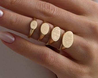 14K Gold Monogram Signet Ring, Personalized Initial Ring for Women, Custom Engraved Family Crest Ring, Minimalist Jewelry Gift, Christmas