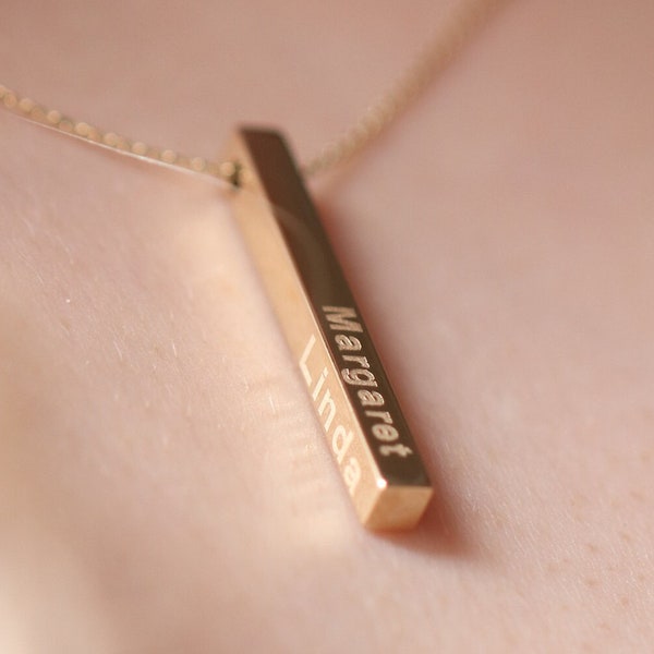 14k Gold Bar ketting / handgemaakte gouden vierzijdige gegraveerde ketting / 3D Gold Bar ketting / kerstcadeau / Moederdag cadeau