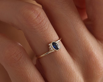 14k Gold Blauer Saphir Ring • Oval Saphir Verlobungsring • September Birthstone Schmuck • Zierliche Solid Gold Ring Geschenk, Weihnachtsgeschenk