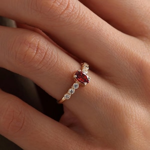14K Solid Gold Oval Garnet Engagement Ring, Gold Garnet Ring, January Birthstone Ring, Accent Promise Ring
