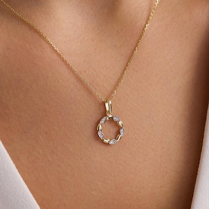 Gouden diamanten open cirkelketting, minimale ovale lushanger, sierlijke alledaagse fijne sieraden cadeau voor haar, gelaagdheid ketting, kerstcadeau