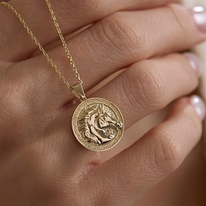 14K Solid Gold Horse Coin Necklace – Equestrian Medallion Pendant, Ancient Greek Style Jewelry, Lucky Horse Necklace, Gift for Her