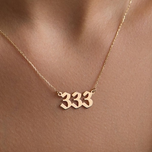 14K Solid Gold Angel Number Necklace 333 or 444 – Meaningful Lucky Number Pendant, Minimalist Gold Necklace, Spiritual Gift for Her