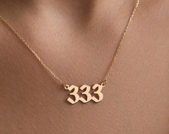 14K Solid Gold Angel Number Necklace 333 or 444 – Meaningful Lucky Number Pendant, Minimalist Gold Necklace, Spiritual Gift for Her