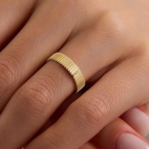 14k Gold Ribbed Band Ring, Textured Minimalist Stacking Ring