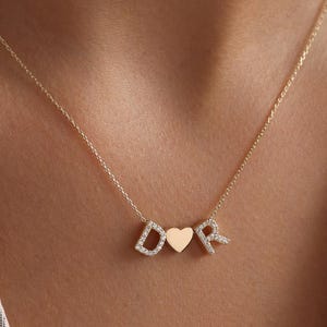10k 14k 18k Gold Diamond Letters With Heart Necklace, Handmade Diamond Initials With Heart Necklace Available in Gold, Rose Gold, White Gold