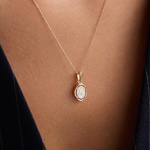 10k 14k 18k Gold Enamel Letter Necklace, Handmade Enamel Initial Necklace, Gold Initial Necklace, Oval Letter Necklace,Birthday Gift for Her
