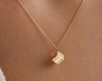 10K 14K 18K gouden dobbelsteenketting, Lucky Dice-hanger, gouden dobbelstenen bedelketting, sierlijke gouden ketting, cadeau voor haar