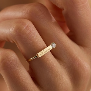 14K Yellow Gold Diamond Cut Bar Urn Ring, Personalized Initial Name Ring for Women, Minimal Engraved Diamond Fine Jewelry Gift