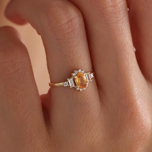 Bague citrine ovale en or massif 14 carats, bague de naissance en or novembre pour femme, jonc jaune, bague de fiançailles en citrine, petite bague halo