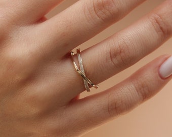 10k 14k 18k Diamond Pave X Ring/Criss Cross Diamond Ring/Minimalist Jewelry/Double Band Ring Available in Gold, Rose Gold and White Gold