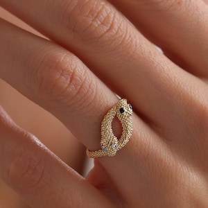 14k Gold Snake Ring, Solid Gold Snake Ring, Dainty Two Snakes Ring,  Ring, Black & White Eyes Snake Ring, Minimalist Statement Ring