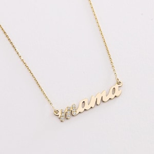 Colar de ouro maciço 14K com diamantes minúsculos para mamãe, colar de ouro delicado, colar de mamãe, colar para o dia das mães, presente perfeito para as mães