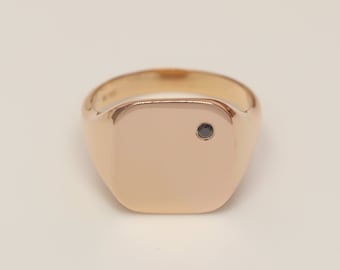 14k & 18k Gold Engraved 15x15MM Signet Ring with Black Diamond For Men and Women / Signet Ring Available in Gold, Rose Gold and White Gold