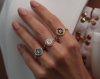 14k 18k Gold Emaille Buchstabe Ring / Handgemachter Emaille Initialring / Gold Initialring / Initial Ring Siegelring / Personalisiertes Namensband