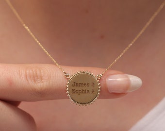 10k 14k 18k Gold Disc Necklace / Handmade Engraved Round Disc Necklace / Personalized Jewelry / Custom Gold Disc / Handwriting Gift For Her