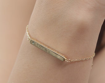 14k 18k Real Gold 3D Urn Bar Bracelet / Handmade Memorial Four Sided Engraved Bracelet / Gold 3D Vertical Bar Necklace / Waterproof Bar