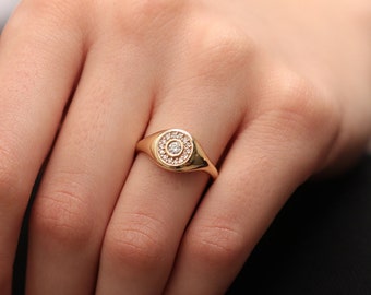 14k 18k Gold Diamond Signet Ring / Handmade Bezel Setting Diamond Signet Ring / Gold Signet Ring Available in Gold, Rose Gold and White Gold