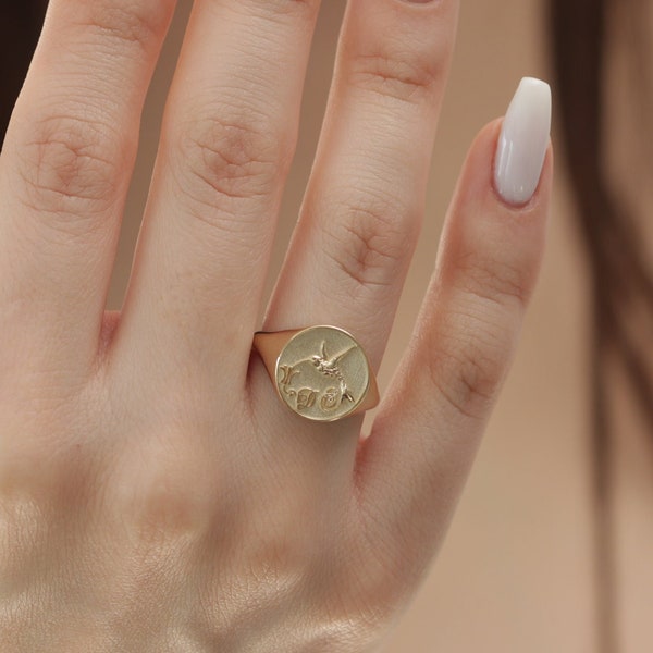 10k 14k & 18k Gold 3D Engraved Signet Ring / Custom Design Signet Ring / 3D Drawing on Signet Ring Available in Gold, Rose Gold, White Gold