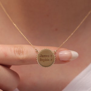 10k 14k 18k Gold Disc Necklace / Handmade Engraved Round Disc Necklace / Personalized Jewelry / Custom Gold Disc / Handwriting Gift For Her