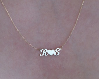 Gold Initials With Heart Necklace / Handmade Initials With Heart Necklace Available in 14k Gold, Rose Gold, White Gold