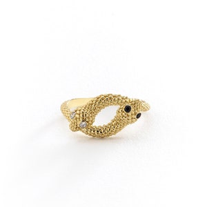 14k Gold Snake Ring, Solid Gold Snake Ring, Dainty Two Snakes Ring,  Ring, Black & White Eyes Snake Ring, Minimalist Statement Ring