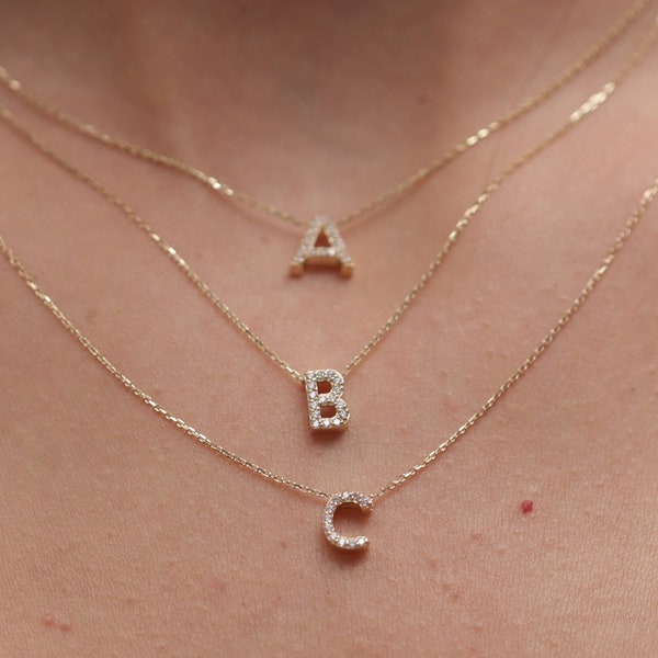 14k 18k Gold Diamond Letter ketting / handgemaakte diamanten eerste ketting / gouden eerste ketting verkrijgbaar in goud, rosé goud en wit goud