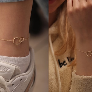 14k 18k Gold Infinity Bracelet-Anklet / Handmade Dainty Double Circle Interlocking Bracelet/Layering Bracelet in Gold, Rose Gold, White Gold