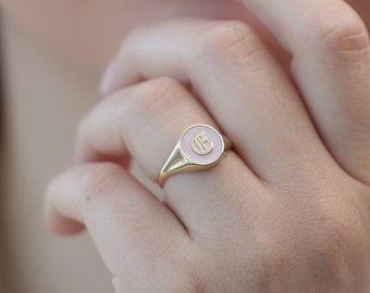 Gold Enamel Initial Signet Ring / Handmade 10k 14k 18k Signet Ring / Gold Enamel Signet Ring Available in Gold, Rose Gold and White Gold