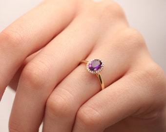 14k & 18k Gold Genuine Amethyst With Diamond Ring / February Birthstone / Gold Purple Amethyst Ring / Christmas Gift / Mother's Day Gift