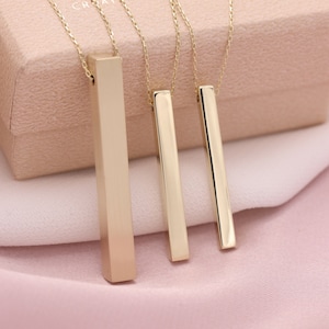 14k Handmade Full Solid Gold Bar Necklace Four Sided Engraved Necklace 3D Gold Bar Necklace Christmas Gift Mothers Day Gift