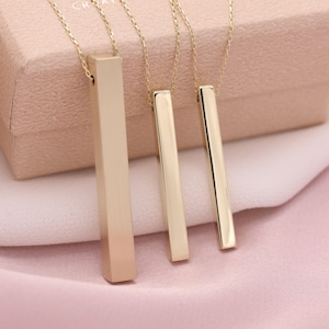 14k Handmade Full Solid Gold Bar Necklace / Four Sided Engraved Necklace / 3D Gold Bar Necklace / Christmas Gift / Mothers Day Gift