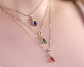 14k Pear Shape Ruby, Sapphire or Emerald with Diamond Necklace / Handmade Ruby, Sapphire or Emerald Necklace in Gold, Rose Gold, White Gold