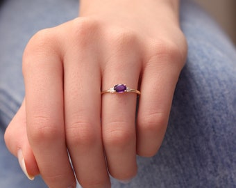 14k & 18k Gold Genuine Amethyst with Diamond Ring / February Birthstone / Gold Purple Amethyst Ring Available in Gold, Rose Gold, White Gold