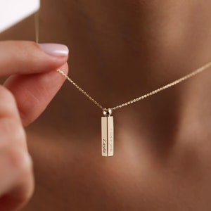 14k Gold 20x3.5mm Bar Necklace, Handmade Gold Four Sided Engraved Necklace, 3D Bar Necklace,Mothers Day,Handwriting & Fingerprint Available