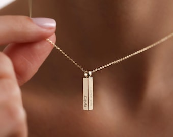 14k Gold 20x3.5mm Bar Necklace, Handmade Gold Four Sided Engraved Necklace, 3D Bar Necklace,Mothers Day,Handwriting & Fingerprint Available