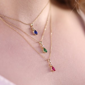 14k Pear Shape Ruby, Sapphire or Emerald with Diamond Necklace / Handmade Ruby, Sapphire or Emerald Necklace in Gold, Rose Gold, White Gold