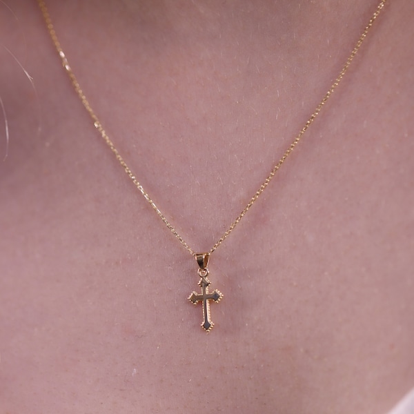 14k Handmade Cross Necklace / Gold Cross Necklace / Religious Necklace / Religious Jewelry / Real Gold Cross Necklace / Gift for Her