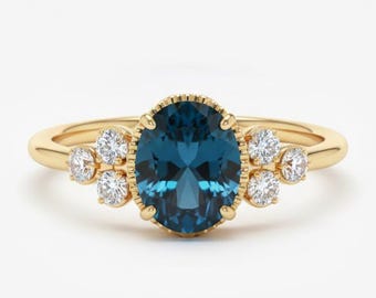 10K 14K 18K Gold London Blue Topaz and Diamond Ring – Minimalist Genuine 8x6mm Topaz Ring in Yellow, Rose & White Gold