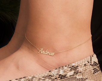 Handmade Gold Name Anklet / 14k 18k Gold Custom 30mm Wide Name Anklet/Personalized Gold Name Anklet Available in Gold, Rose Gold, White Gold