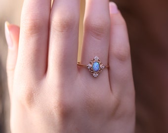 Ring For Love White Opal Ring,White Opal Copper Hexagon Gemstone Ring,18k Gold Plated Solitaire Ring 925 Sterling Silver Ring Prong Ring