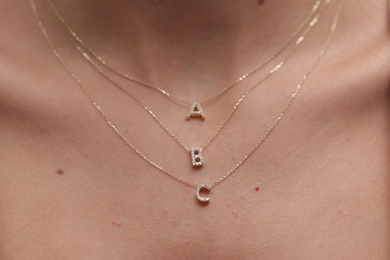 14k 18k Gold Diamond Letter Necklace / Handmade Diamond image 1