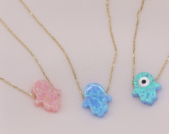 14k Gold Opal Hamsa-ketting / Handgemaakte Opal Hamsa-ketting / Opal Hamsa-ketting verkrijgbaar in goud, roségoud en witgoud