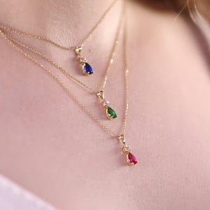 14k Gold Pear Ruby, Sapphire, or Emerald Diamond Necklace